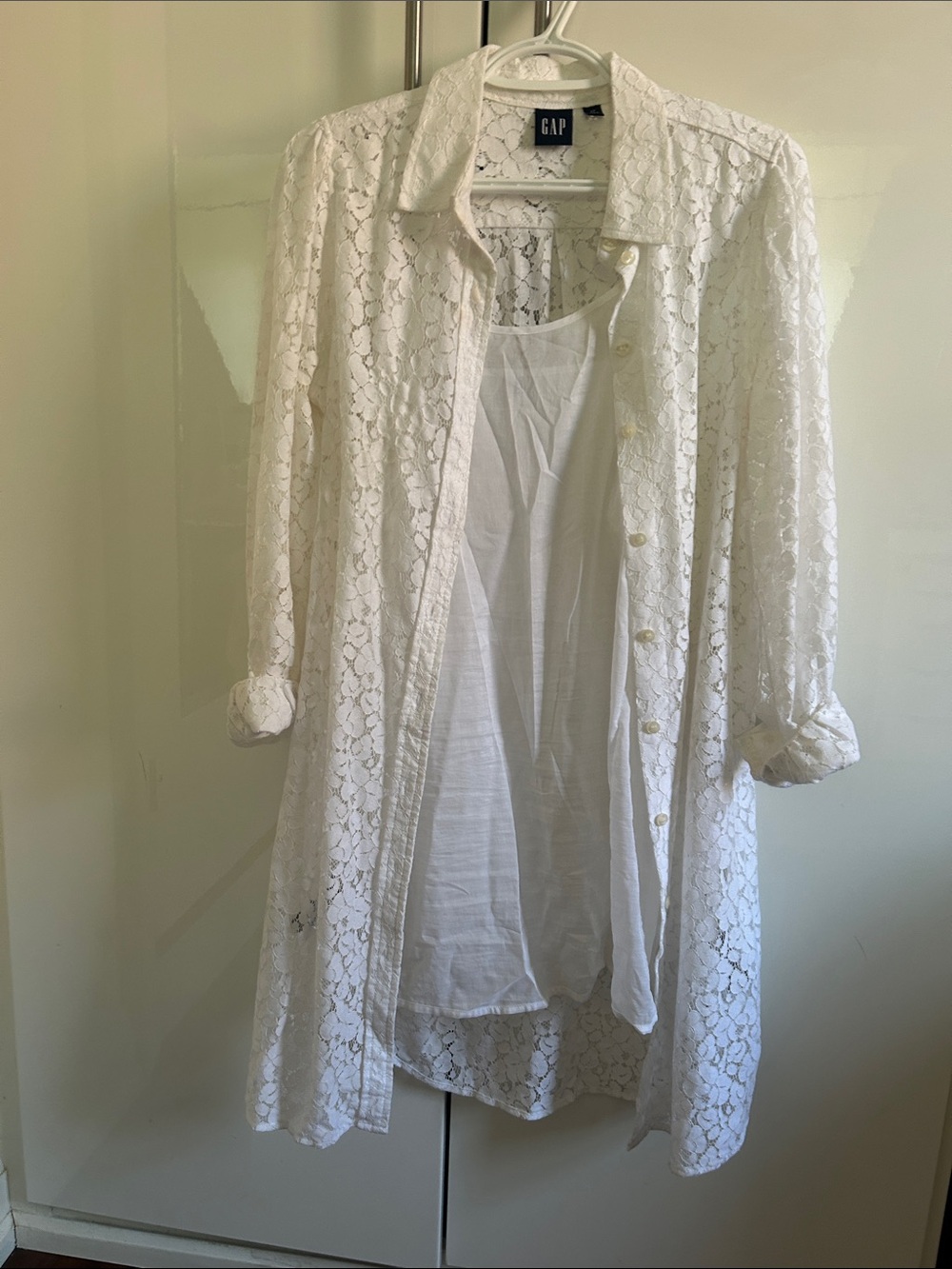 GAP White Lace Midi Button-Front Dress with Inner Cami